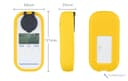Vorder-, Seiten- und Rückansicht eines gelben Digitalrefraktometers mit eingezeichneten Maßen 58, 25 und 121 mm.
