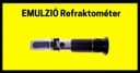 Schwarzes Handrefraktometer vor gelbem Hintergrund mit der ungarischen Aufschrift „EMULZIÓ Refraktométer”.