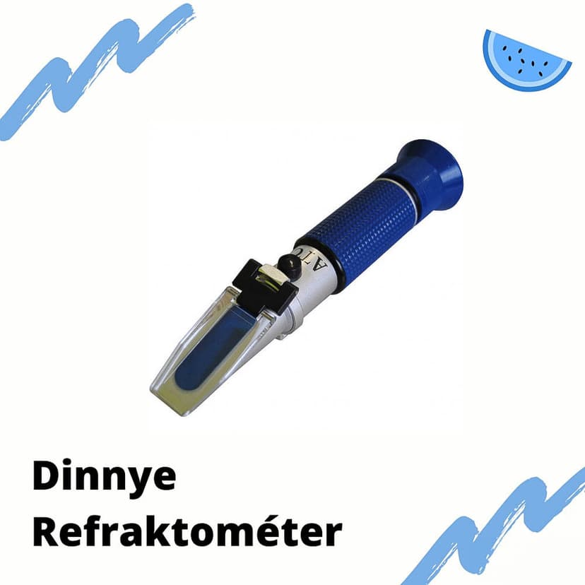 Blaues Handrefraktometer mit der ungarischen Aufschrift „Dinnye Refraktométer”.