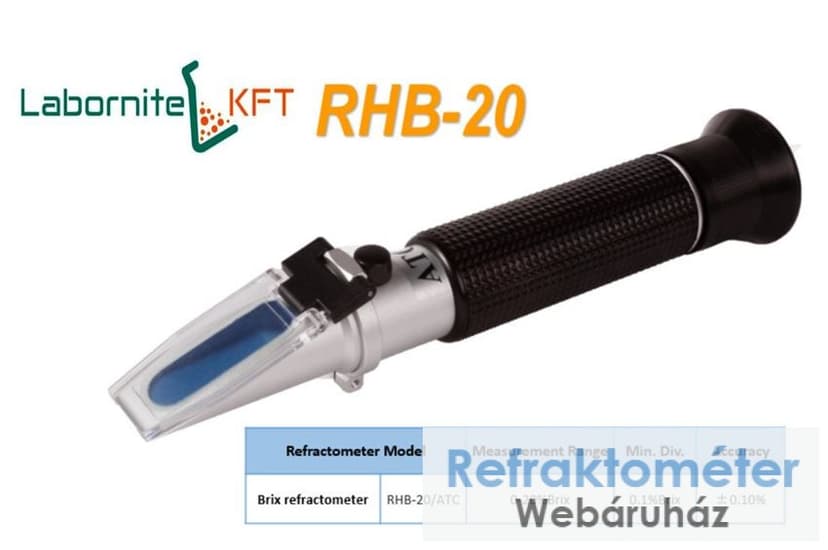 Schwarzes Handrefraktometer mit den Aufschriften LABORNITE KFT und RHB-20.