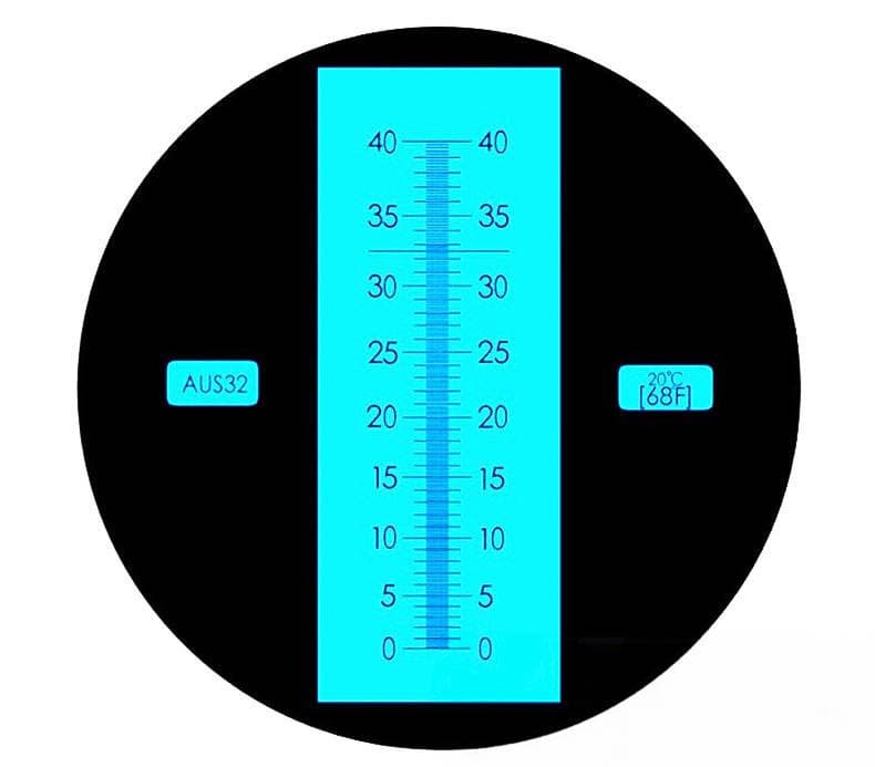 Optische Skala 0–40 mit den Aufschriften AUS32 und 20 °C (68 °F).