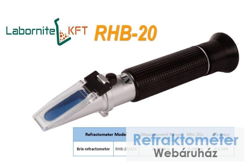 Schwarzes Handrefraktometer mit den Aufschriften LABORNITE KFT und RHB-20.