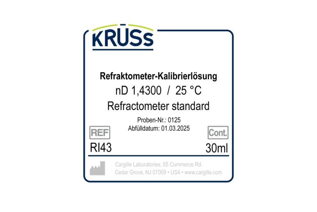 Etikett der KRÜSS RI43 Kalibrierflüssigkeit, 1,4300 nD bei 25 °C, 30 ml