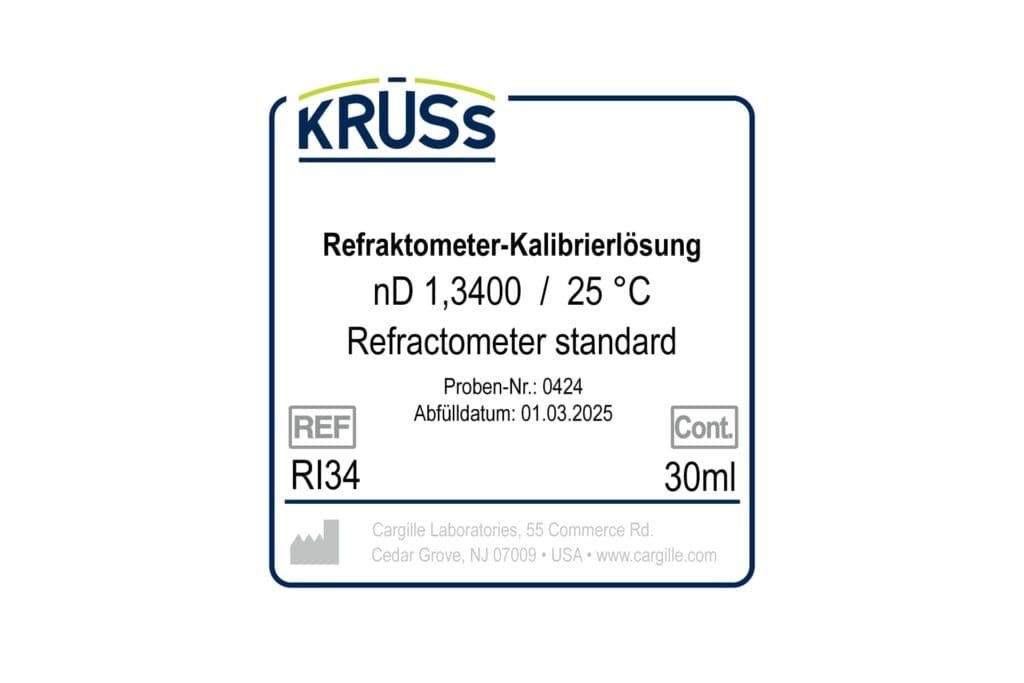 Etikett der KRÜSS RI34 Kalibrierflüssigkeit, 1,3400 nD bei 25 °C, 30 ml